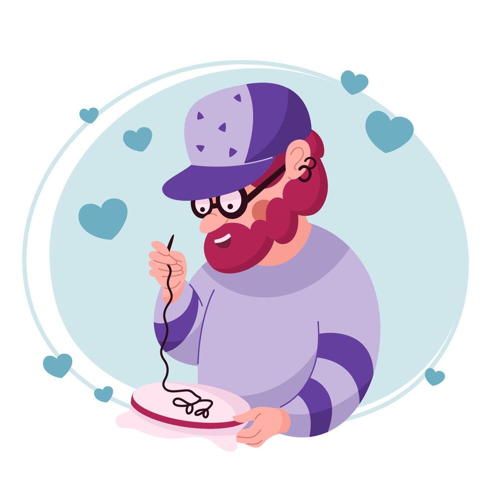 Cartoon flat character creates a cross stitch. Craft, handmade and home hobby. Cool red-haired bearded man in a cap. Stylized portrait. A person who loves handicrafts. vector