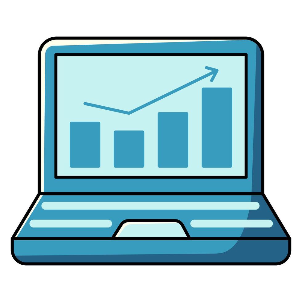 Cute cartoon laptop with bar chart on the screen. Isolated vector doodle illustration.