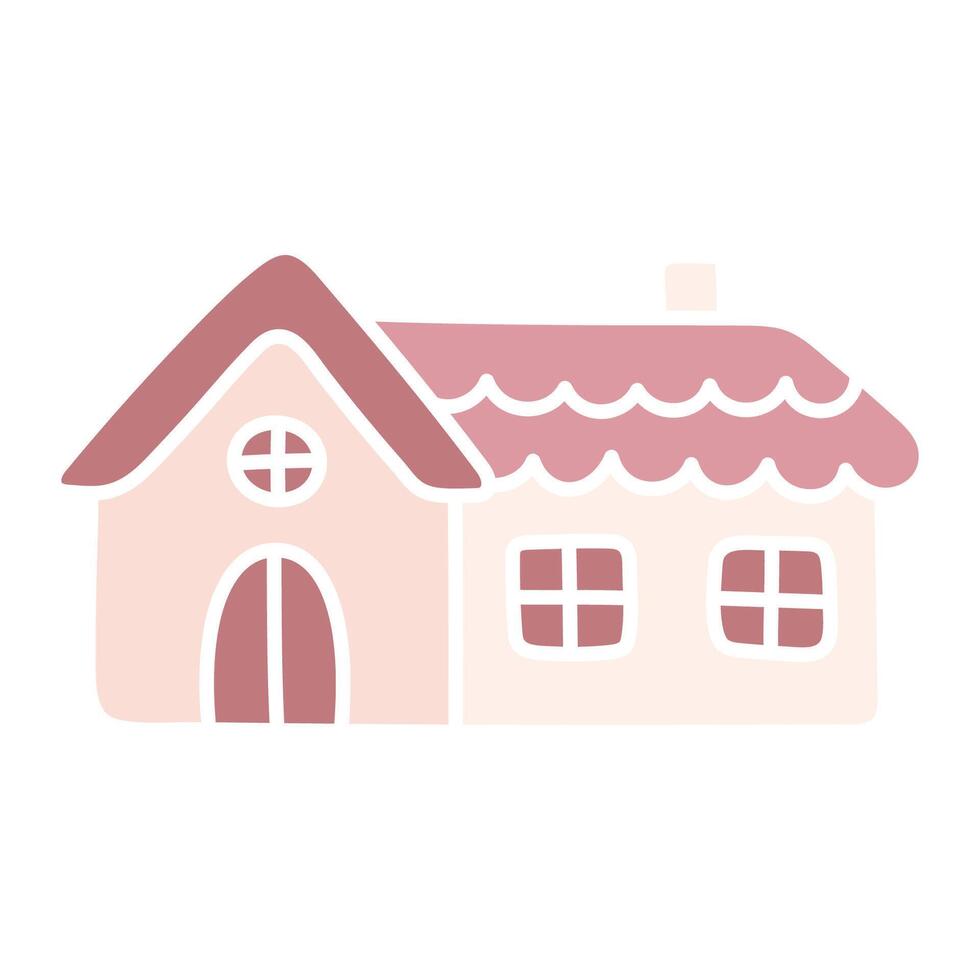 Cute pink house. Cartoon flat kawaii hut. Simple hand drawn vector illustration. Doodle art. Clipart isolated on white background. Graphic element for design of children products.