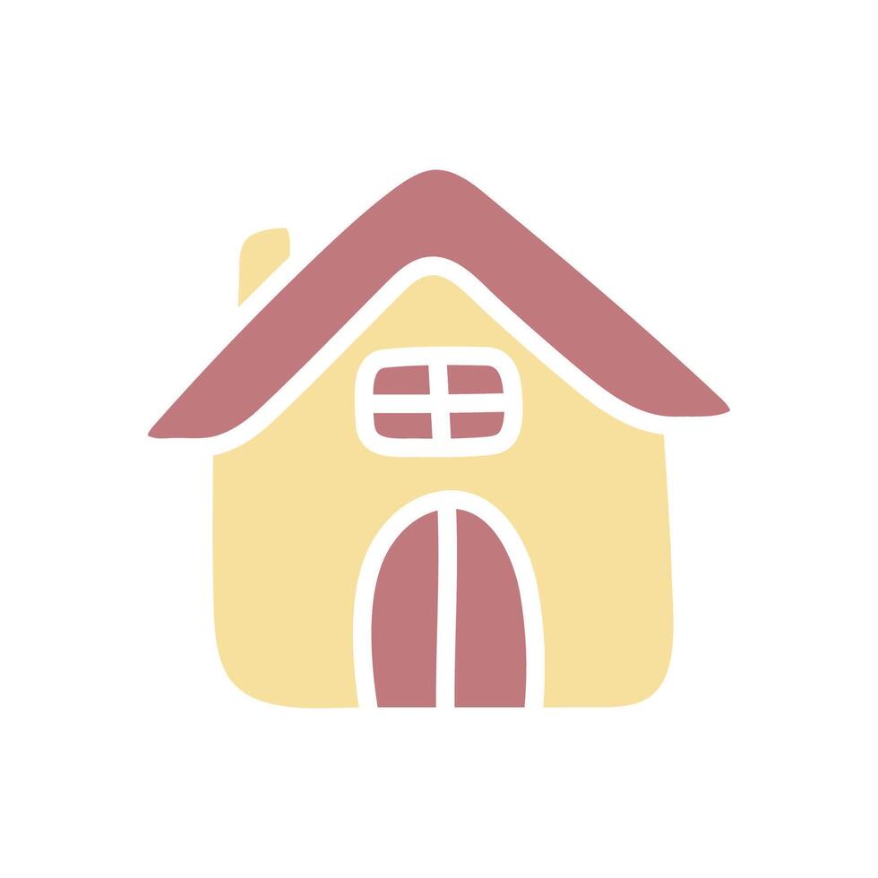 Cute yellow house. Simple hand drawn vector illustration. Cartoon flat kawaii hut. Doodle art. Clipart isolated on white background. Graphic element for design of children products.