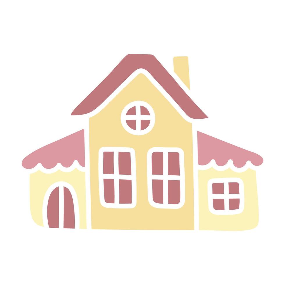 Cute yellow house. Simple hand drawn vector illustration. Cartoon flat kawaii hut. Doodle art. Clipart isolated on white background. Graphic element for design of children products.