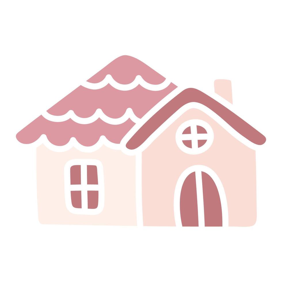 Cute pink house. Cartoon flat kawaii hut. Simple hand drawn vector illustration. Doodle art. Clipart isolated on white background. Graphic element for design of children products.