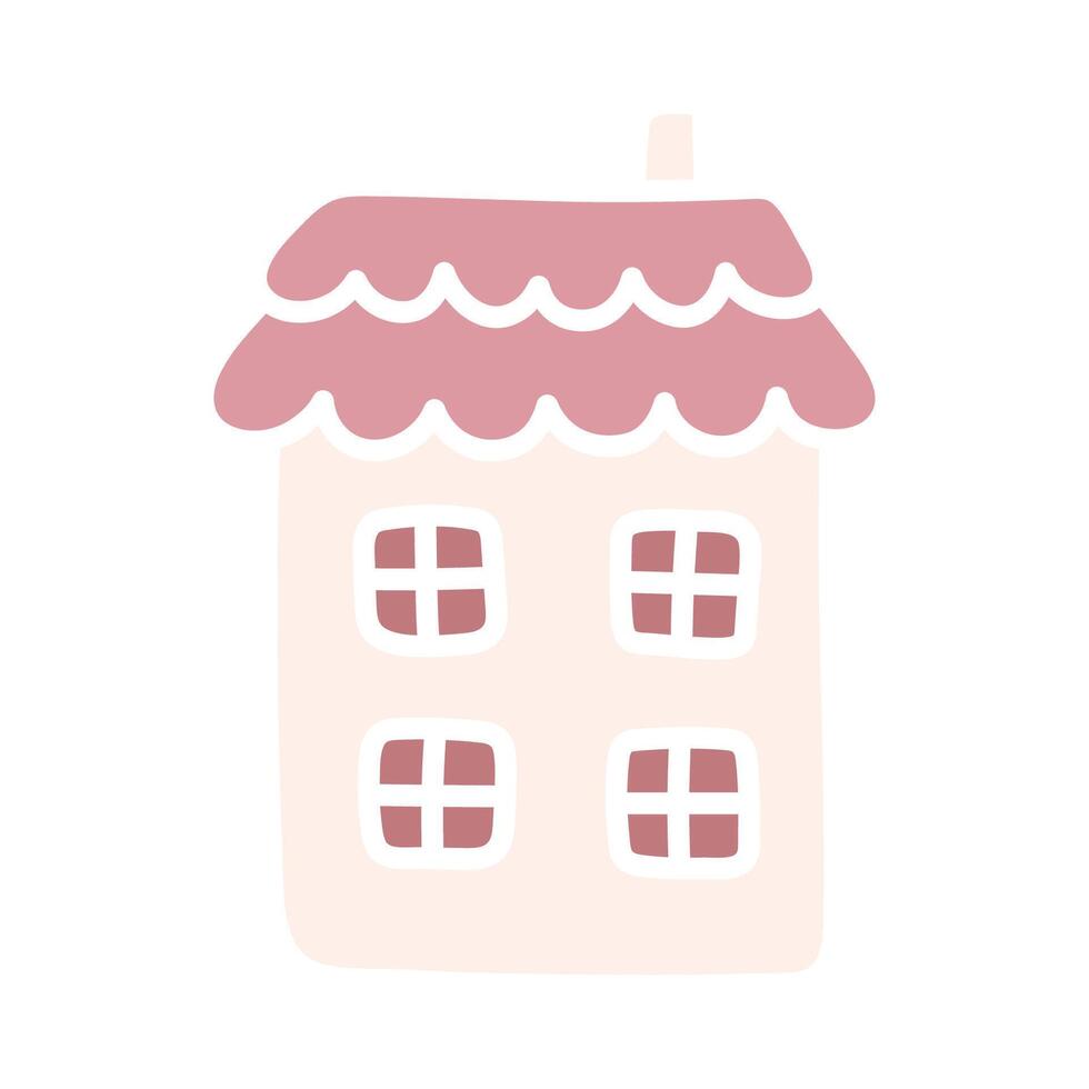 Cute pink house. Cartoon flat kawaii hut. Simple hand drawn vector illustration. Doodle art. Clipart isolated on white background. Graphic element for design of children products.