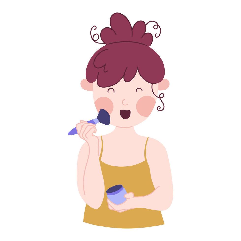 Cute young girl having a spa day at home. Face cream. Flat style cartoon character. vector