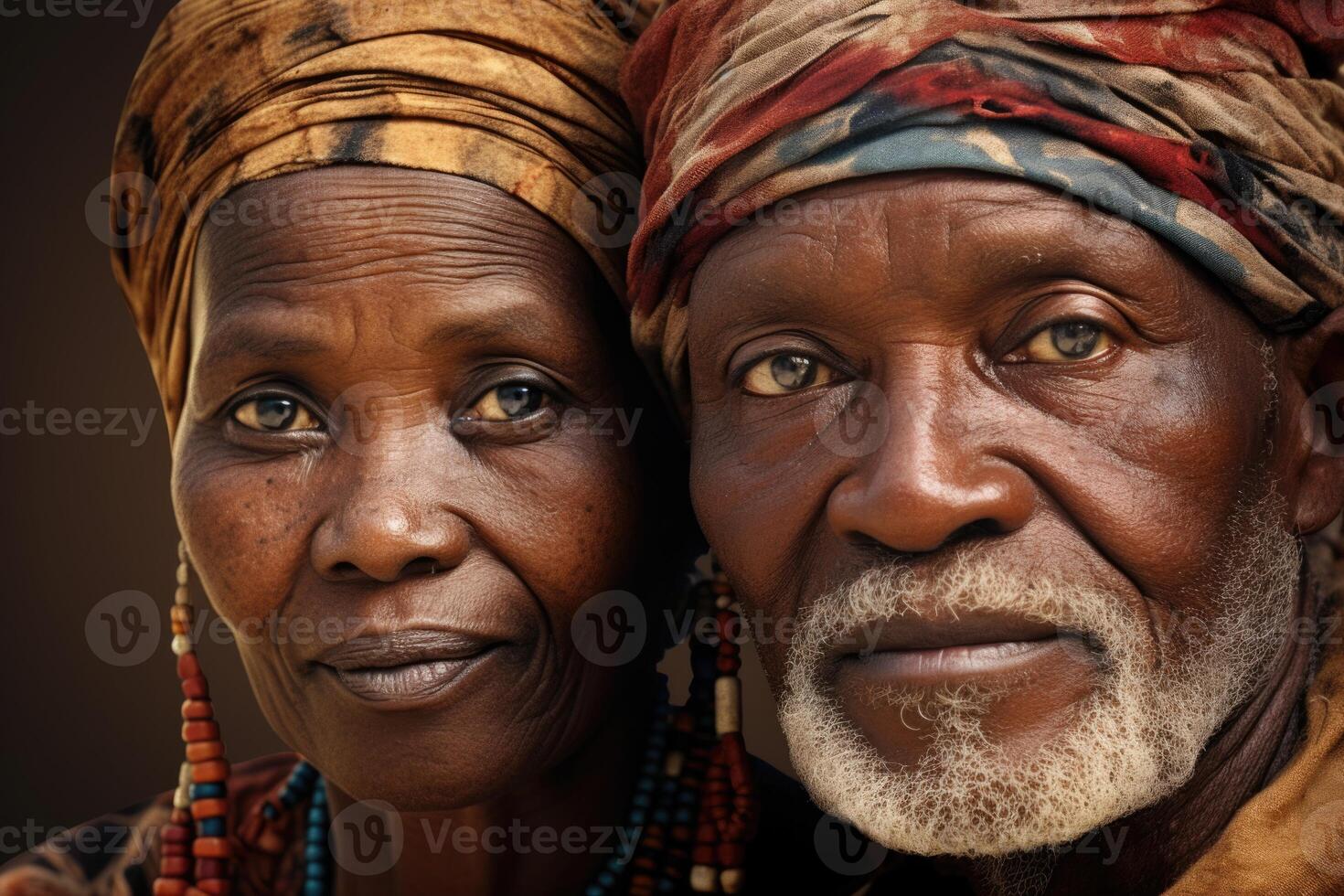 AI generated Portrait of an elderly African couple on vacation in national costumes. Journey photo