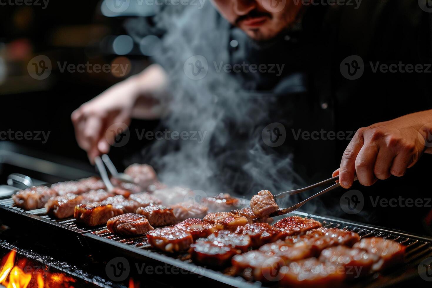 ai generado un montón de carne filetes, el cocinar cocineros en un inoxidable acero parrilla, con llamas en un oscuro antecedentes. comida y cocina concepto foto