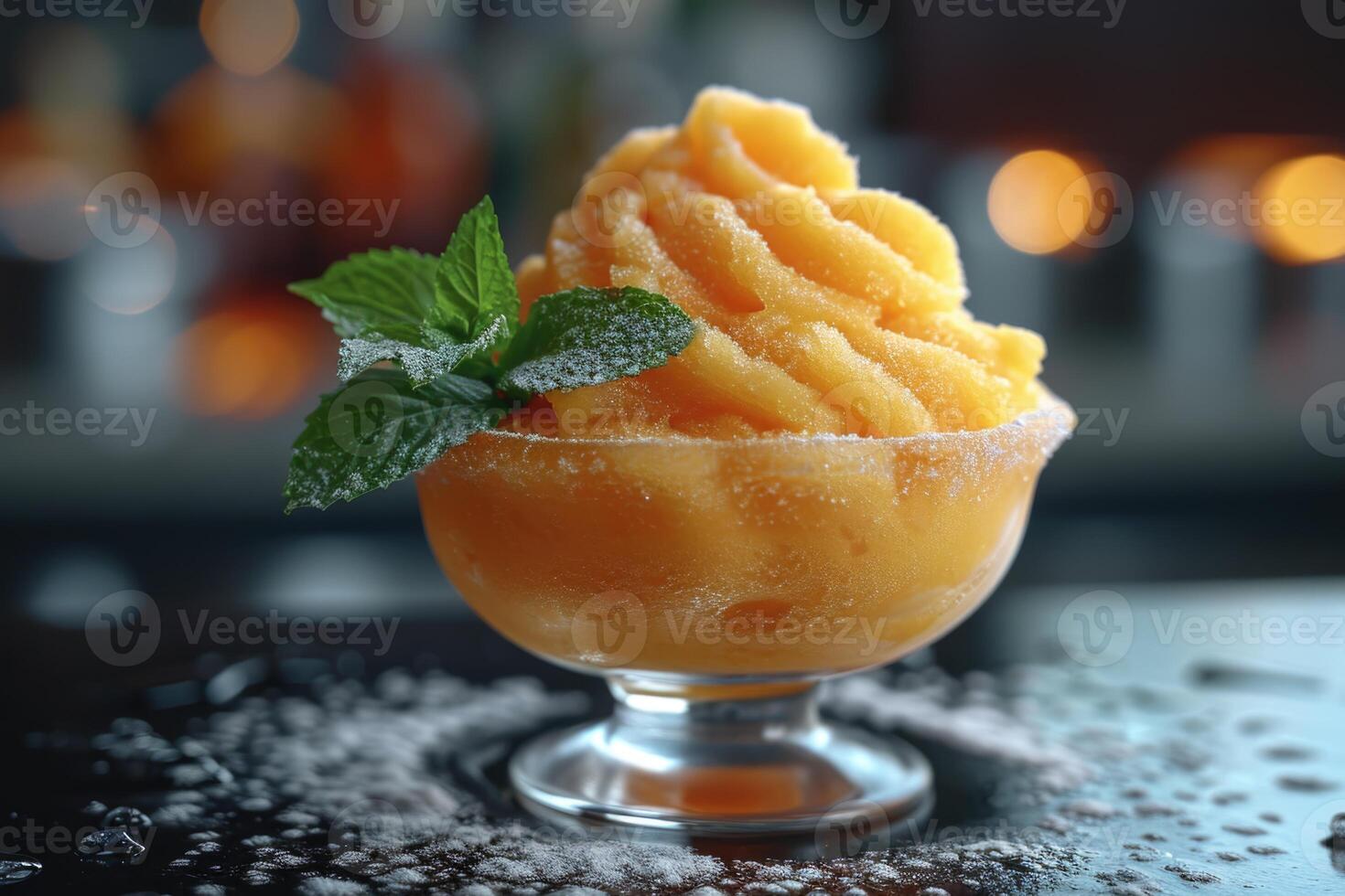 AI generated Mango sorbet in a glass on the table . Popsicle in a glass photo