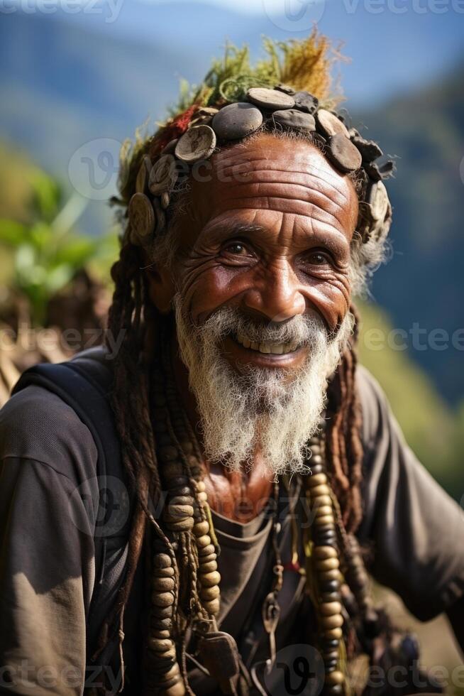 ai generado retrato de un alegre viajero en contra el antecedentes de naturaleza foto