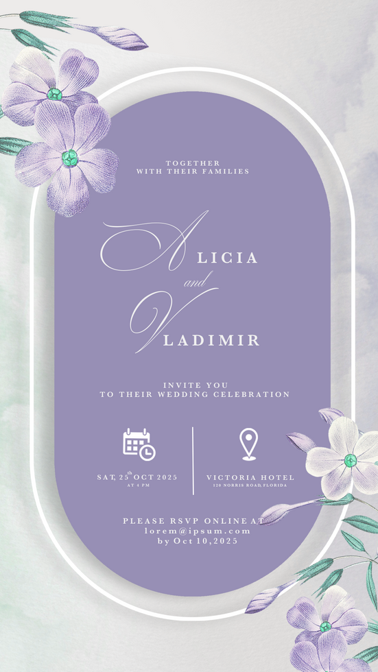 Digital Wedding Invitation Template with Purple Flower psd