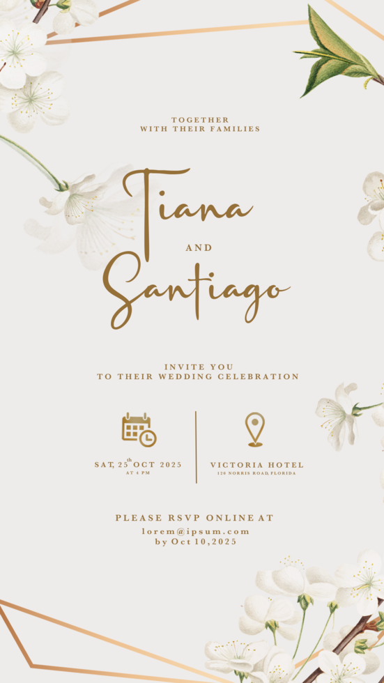 Digital Wedding Invitation Template with White Cherry Blossom psd
