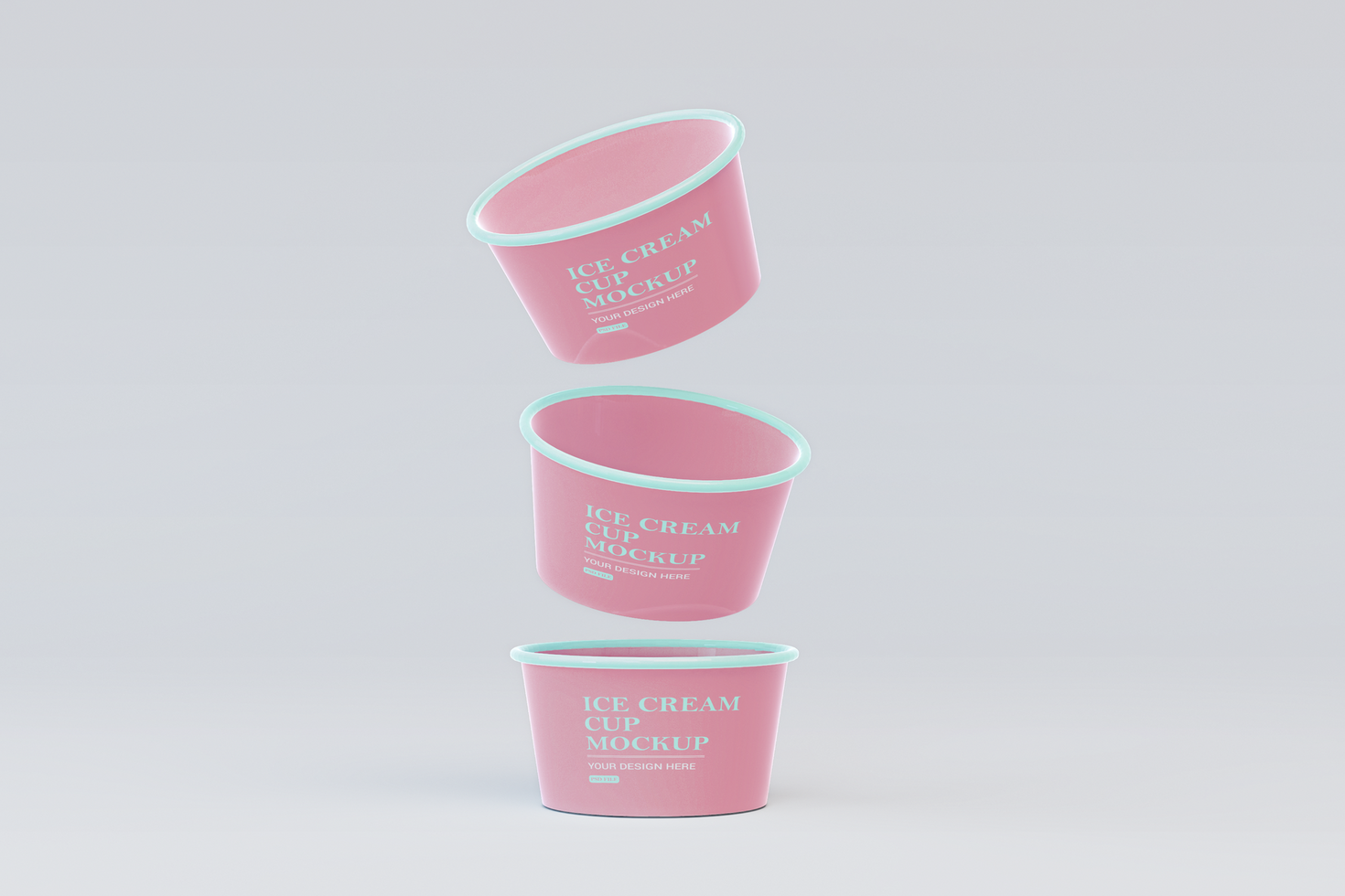 Three floating Ice cream cup packaging mockup psd