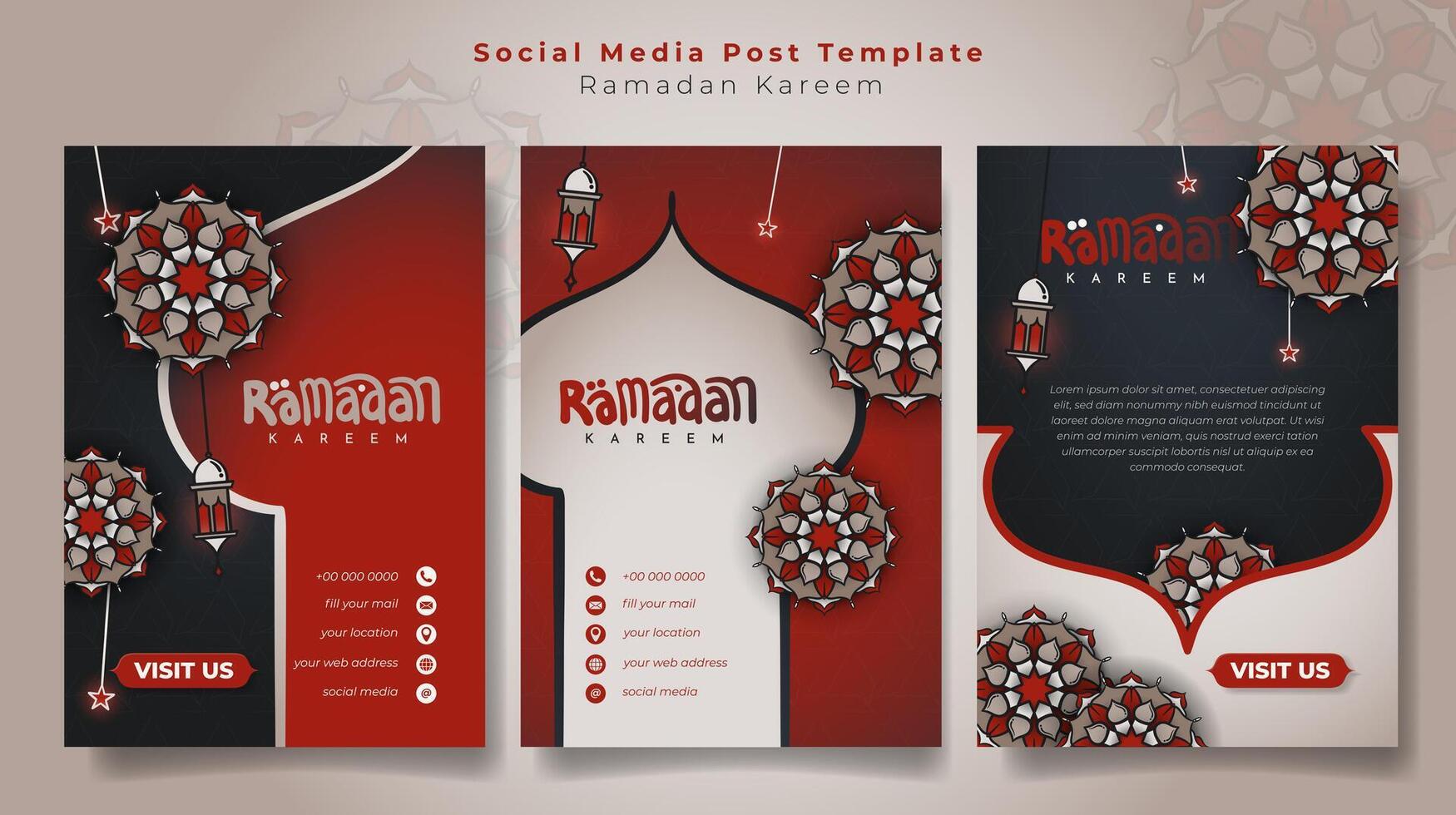 Social media post template in portrait design with black, red and gold background design, ramadan background with ornamental lantern and star in hand drawn design vector