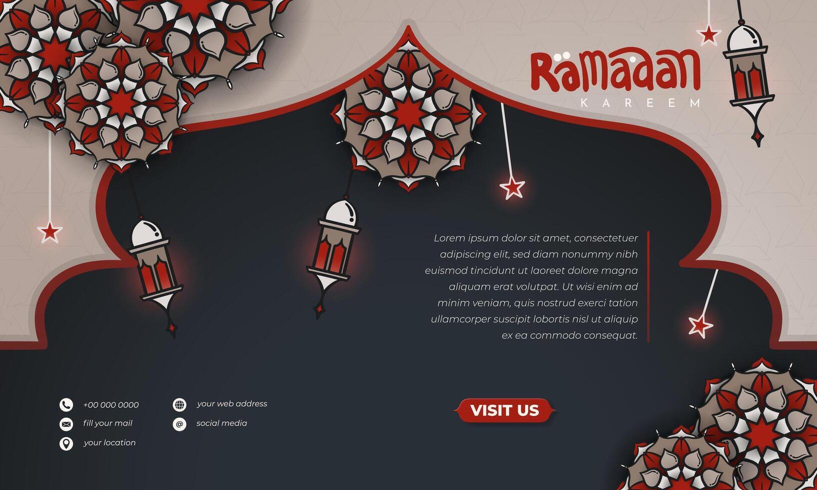 Islamic background with mandala, lantern and star in hand drawn design, ramadan background with gold, black and red design, Good background template for ramadan advertising design vector