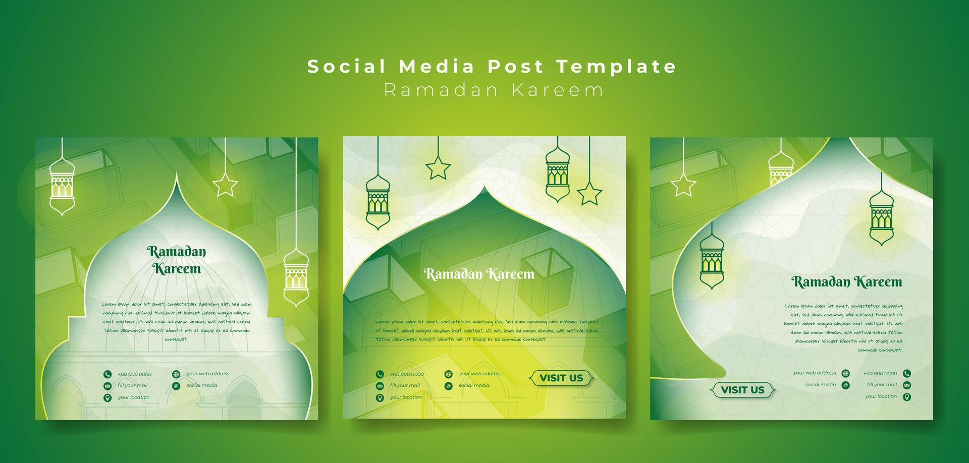 Set of Social media post template with lantern and star design in green background for ramadan advertisement, islamic background with mosque in green. vector