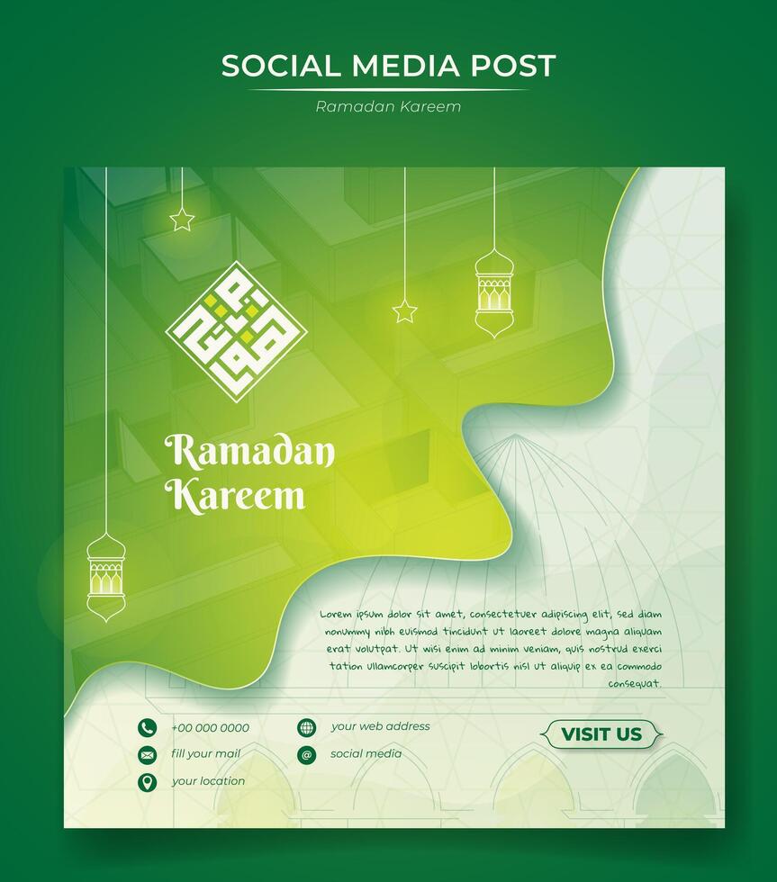 social medios de comunicación enviar modelo en degradado verde con ondulación antecedentes diseño, islámico antecedentes con linterna y estrella diseño para Ramadán anuncio publicitario, Arábica texto media es Ramadán kareem vector