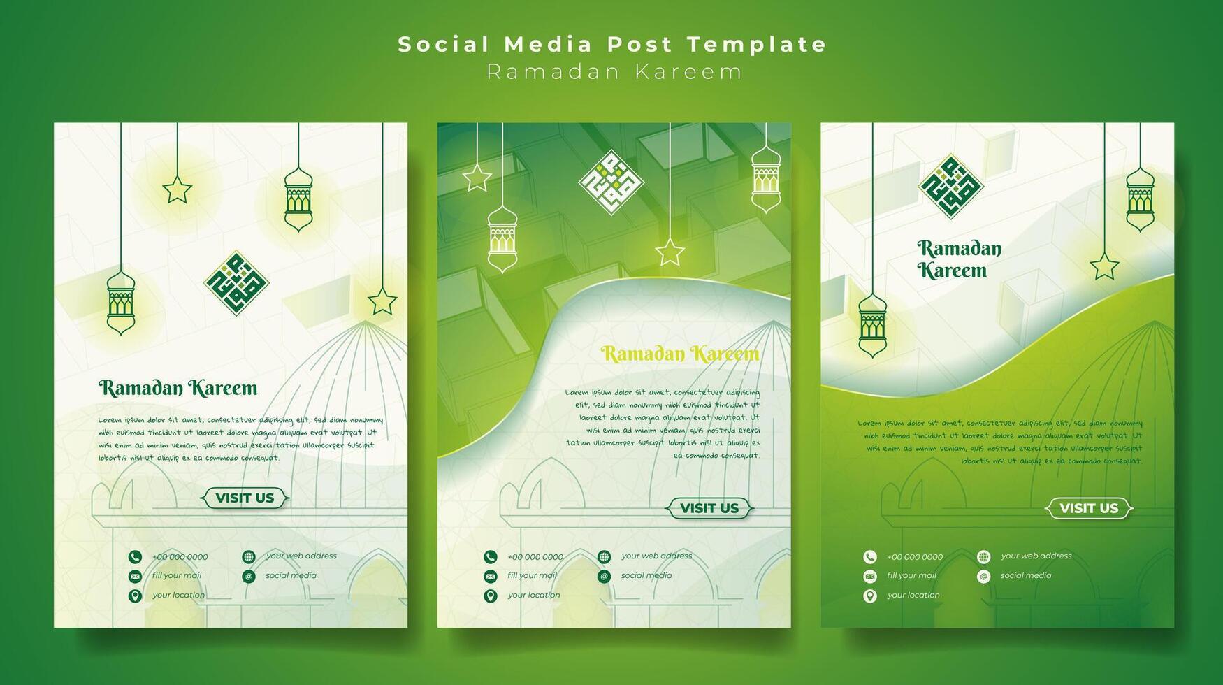 Set of social media post template in portrait design with line art of lantern, star and mosque in green white background, islamic background for ramadan kareem, arabic text mean is ramadan kareem vector