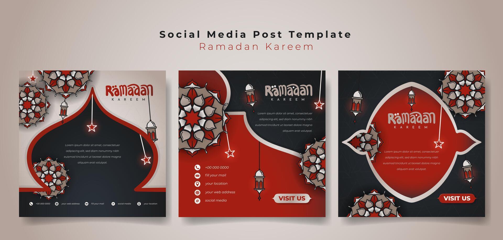 Social media post template with mandala background in red black and gold design for ramadan kareem advertisement, islamic background design vector