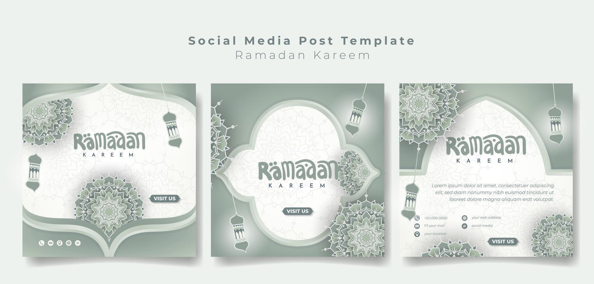 Social media post template in green mint background with ornamental mandala and lantern in hand drawn design. Ramadan kareem background design vector