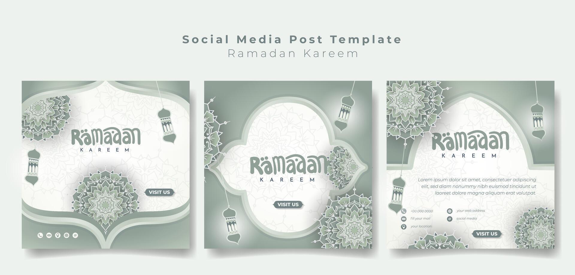 social medios de comunicación enviar modelo en verde menta antecedentes con ornamental mandala y linterna en mano dibujado diseño. Ramadán kareem antecedentes diseño vector