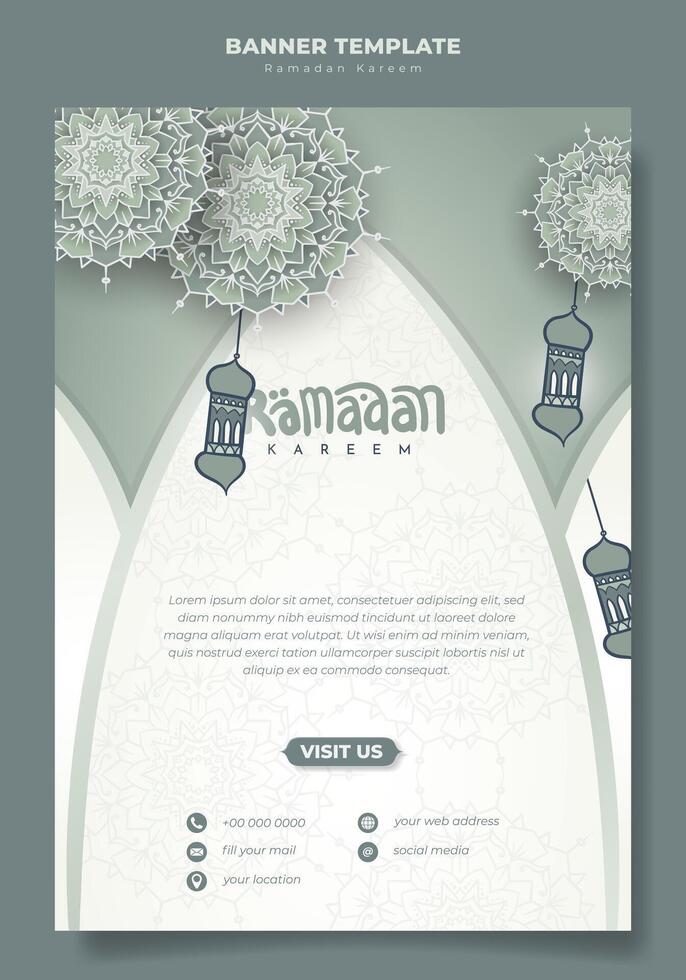 Portrait islamic banner for ramadan kareem in green mint background with mandala and lantern in hand drawn design vector