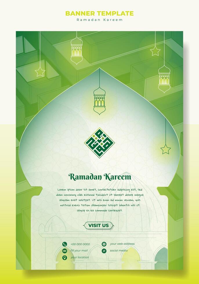 Portrait banner template design in green with line art of lantern, star, and mosque background. islamic background in green white design. arabic text mean is ramadan kareem. vector