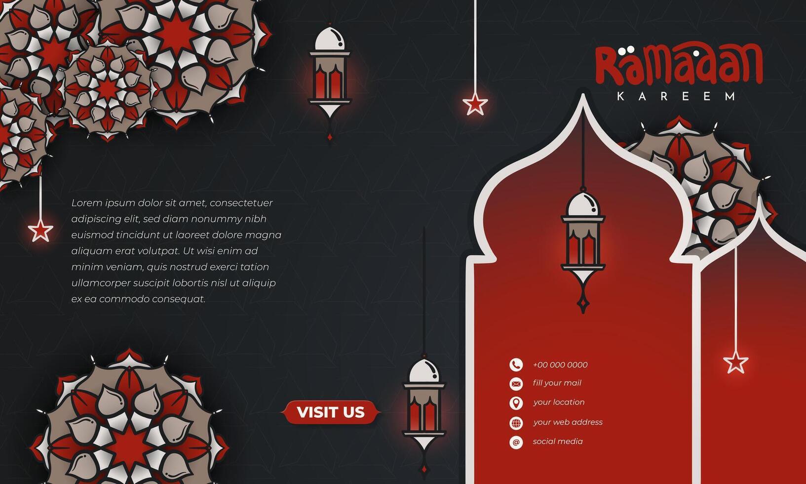 Islamic background design with red, black, and gold design with mandala ornamental background, ramadan background with lantern and star design vector