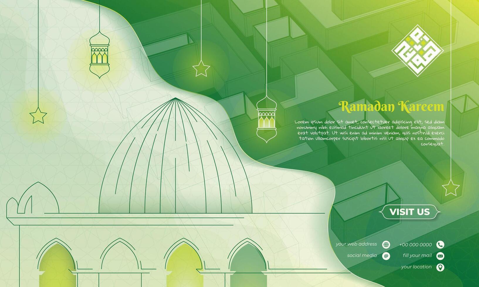 Background in green design with line art of mosque, lantern, and star for ramadan kareem. Islamic background with green, yellow, white design. Arabic text mean is ramadan kareem. vector