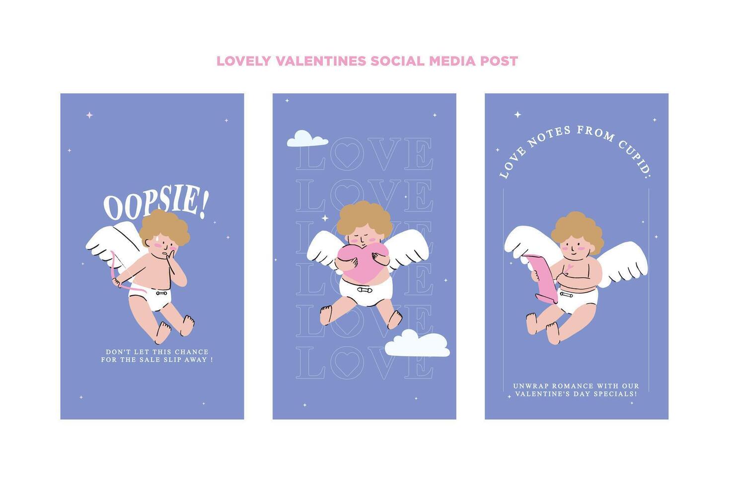Set of hand drawn social media templates with cute cupids with different poses and facial emotions for Valentine's Day promotion in a set for banner, feed, background, card, and ads vector