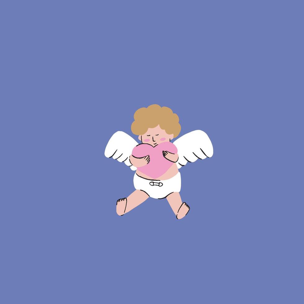 A hand drawn illustration of a self love chubby Cupid hugging a heart shape balloon vector