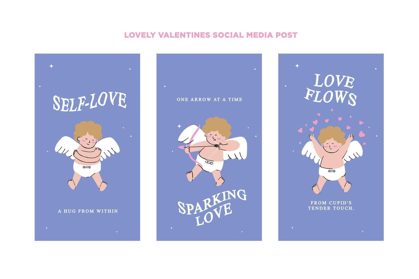 Set of hand drawn social media templates with cute cupids with different poses and facial emotions for Valentine's Day promotion in a set for banner, feed, background, card, and ads vector