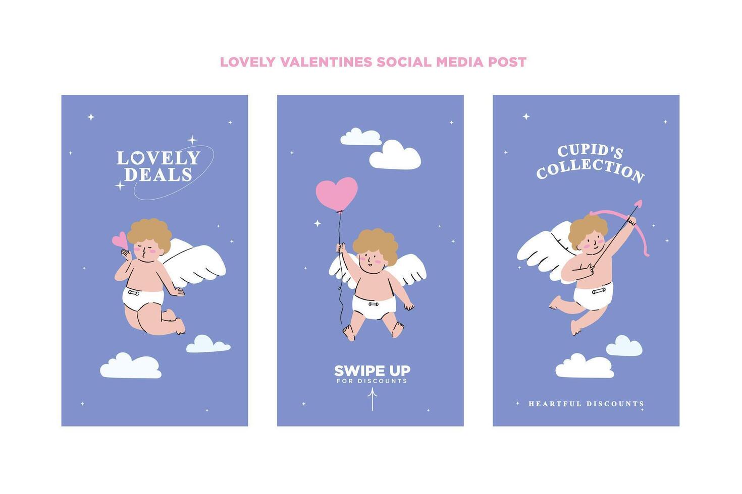 Set of hand drawn social media templates with cute cupids with different poses and facial emotions for Valentine's Day promotion in a set for banner, feed, background, card, and ads vector