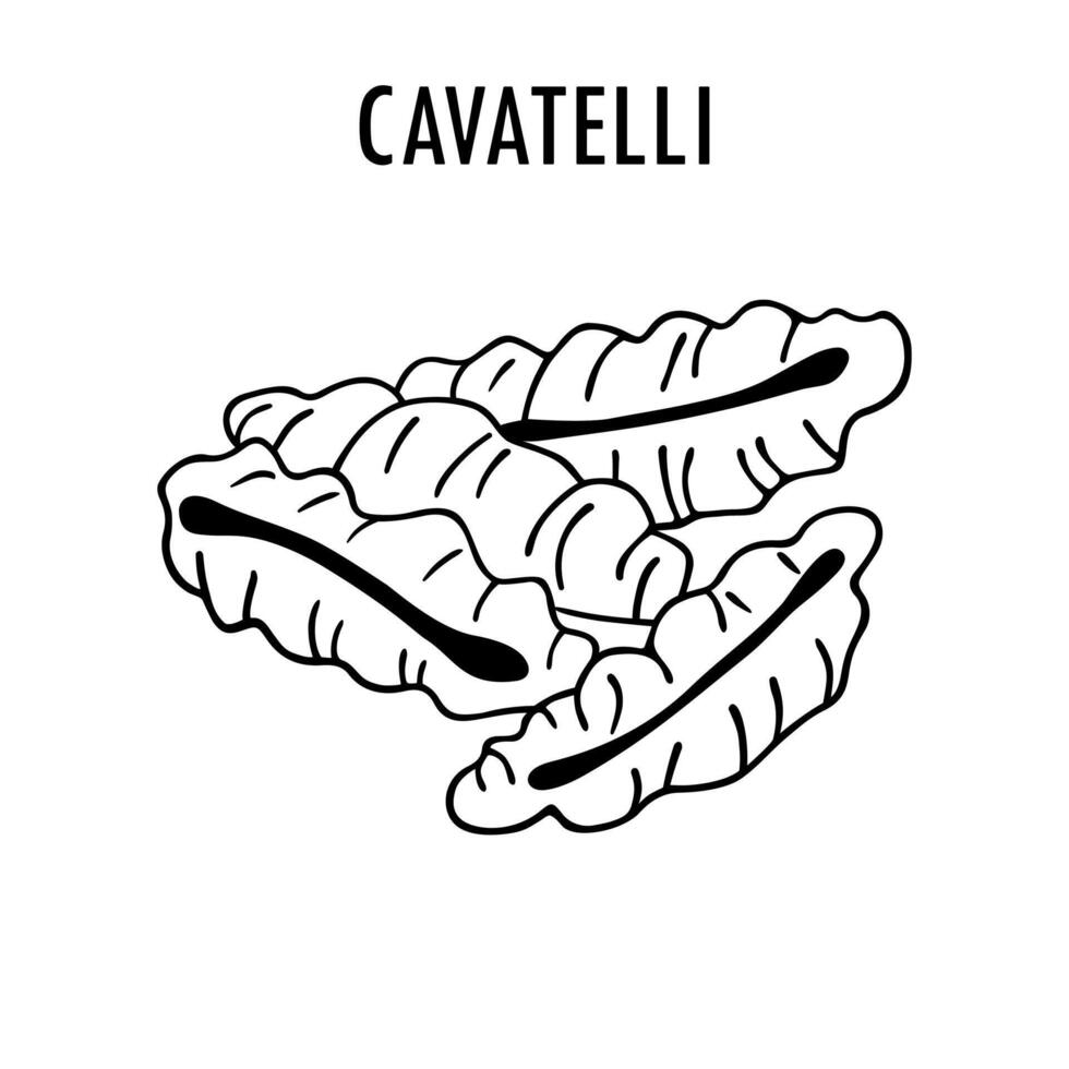 Cavatelli pasta doodle food illustration. Hand drawn graphic print of short macaroni type of Cortecce pasta. Vector line art food ingredient of Italian cuisine