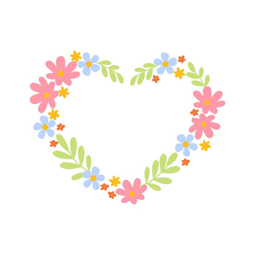 flor arreglo con verde hojas en corazón forma. amor símbolo y regalo para San Valentín día. floral vector ilustración aislado en blanco antecedentes. dibujos animados elemento para embalaje, diseños