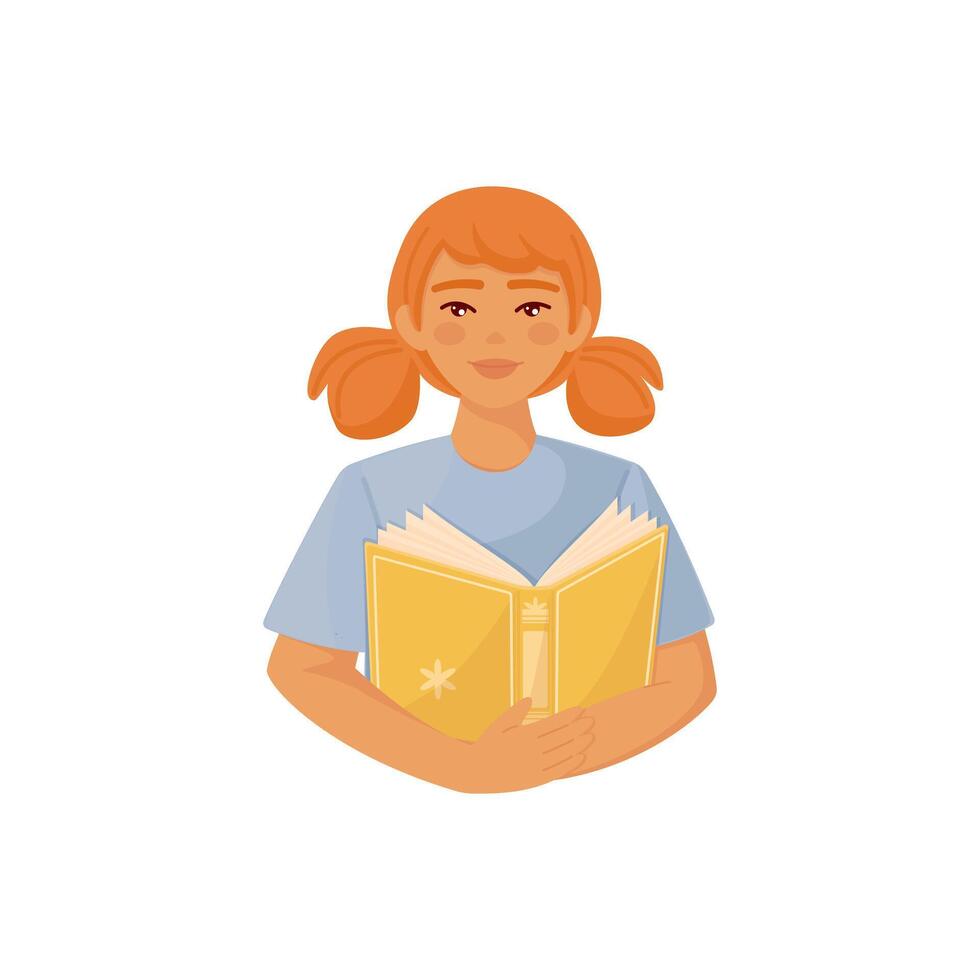 Bright cartoon illustration of young redhead girl pupil reading book. Graphic print concept of knowledge, studying and education. Vector colorful school and science element