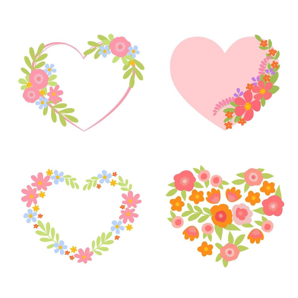 Set of flower arrangements with green leaves in heart shape. Love symbol and gift for Valentine's day. Floral vector illustration isolated on white background. Cartoon element for packaging, designs