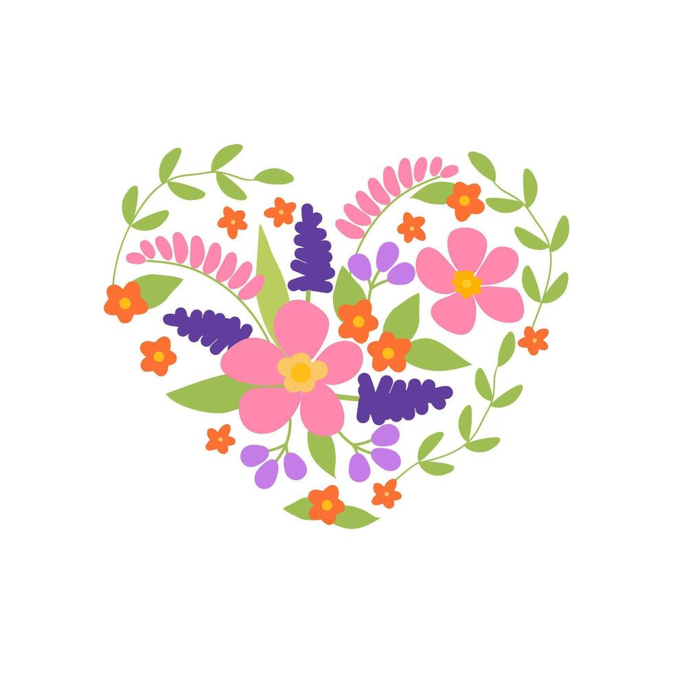 flor arreglo con verde hojas en corazón forma. amor símbolo y regalo para San Valentín día. floral vector ilustración aislado en blanco antecedentes. dibujos animados elemento para embalaje, diseños