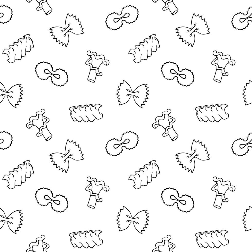 Doodle seamless pattern with farfalle, campanelle pasta illustrations. Hand drawn food ingredients on line art vector background. Italian cuisine elements for wrapping, packaging, print