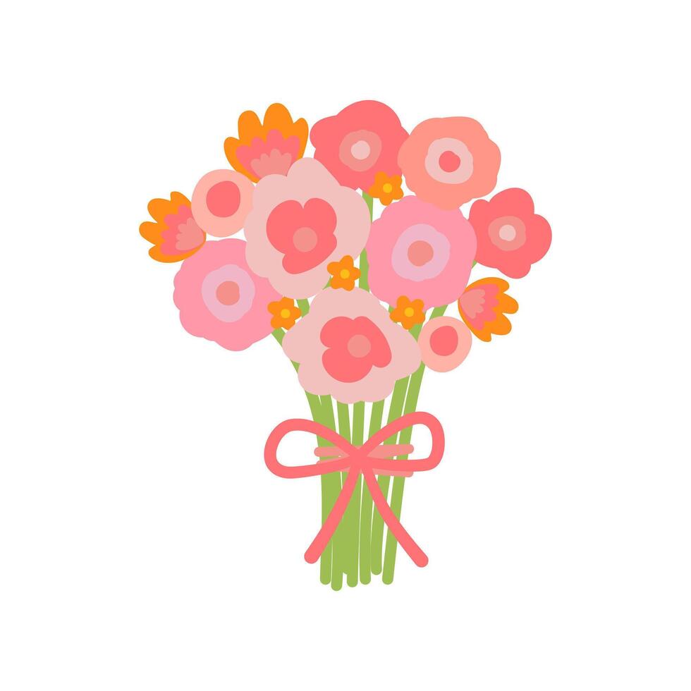 Pink flower bouquet with roses and peonies and tied bow. Love symbol and gift for Valentine's day. Floral arrangement illustration isolated on white background. Cartoon element for packaging, designs vector