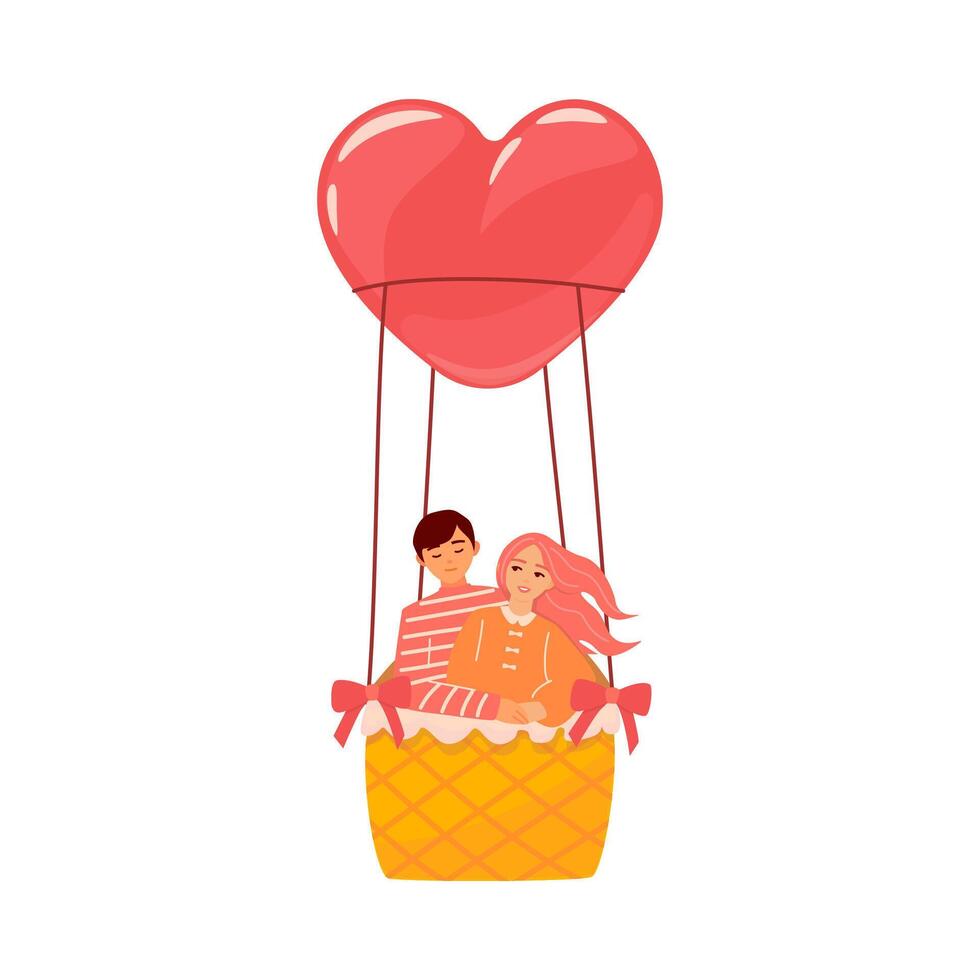 Beautiful happy couple of young woman and man holding embracing in hot air balloon. Romantic illustration of people dating and in love flying in aerostat. Valentine's day cartoon illustration vector