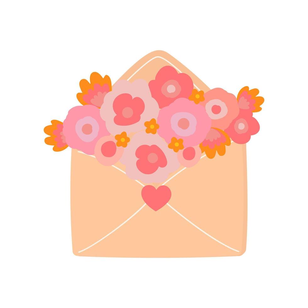 Pink flower bouquet with roses and peonies in envelope. Love letter and gift for Valentine's day. Floral arrangement illustration isolated on white background. Cartoon element packaging, designs vector