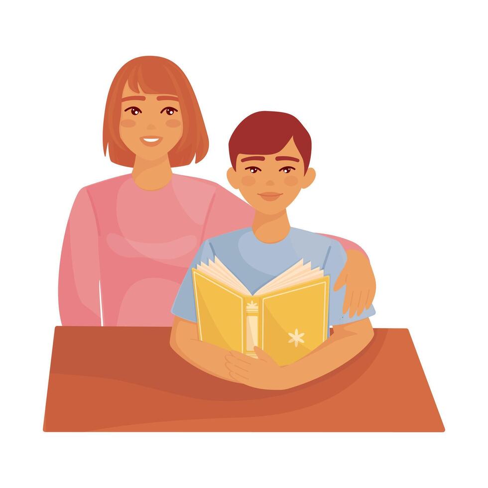 Bright cartoon illustration of young boy pupil studying with mother and reading book. Graphic print concept of knowledge and education. Vector colorful school and science element
