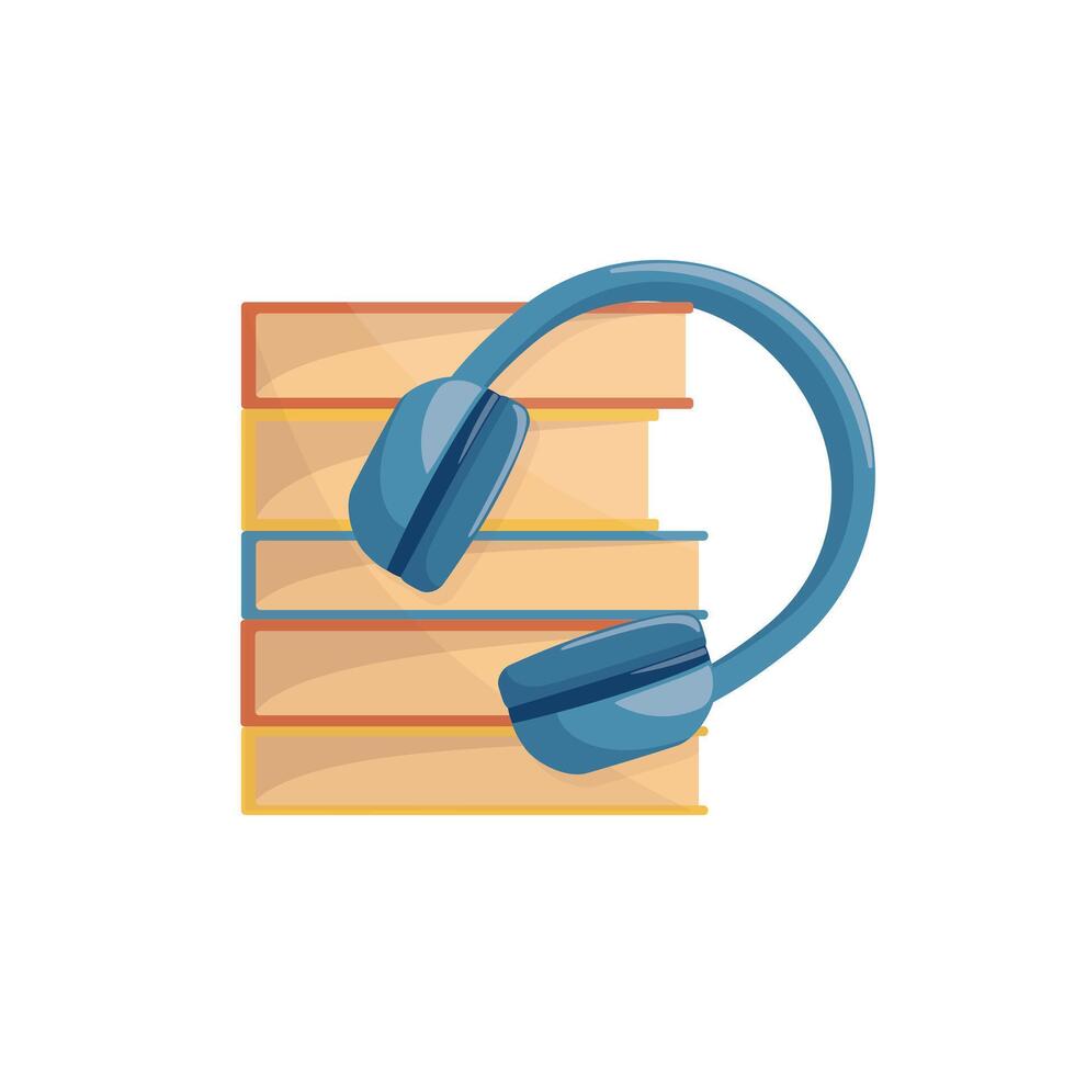 Bright cartoon illustration of stack of books and headphones.  Graphic print concept of reading, knowledge, studying and education. Vector colorful school and science element