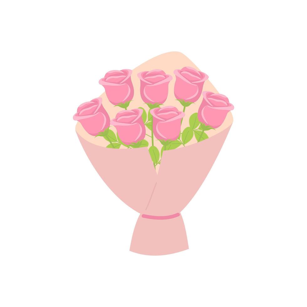 Pink flower bouquet with roses and green leaves. Love symbol and gift for Valentine's day. Floral arrangement illustration isolated on white background. Cartoon element for packaging, designs vector