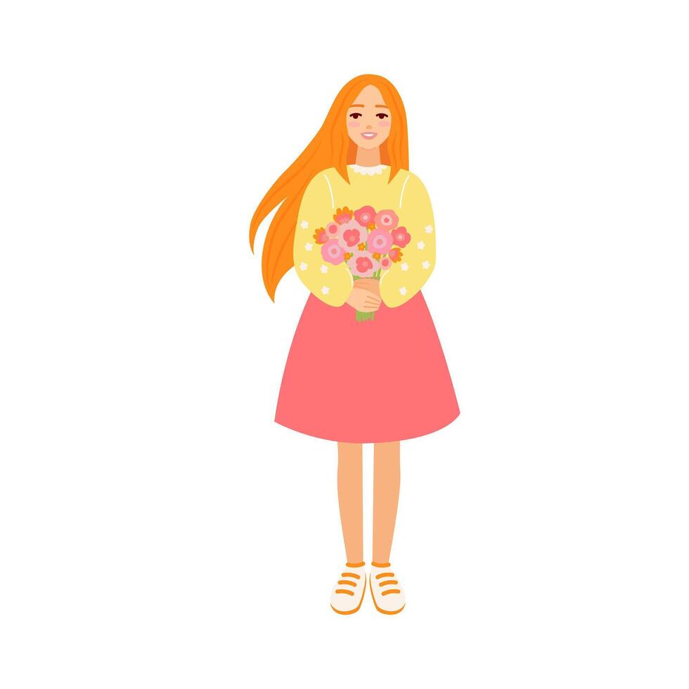 hermosa joven mujer participación flor ramo de flores con rosas y peonias recepción regalo como símbolo de amor y yo amor. San Valentín día dibujos animados vector ilustración de contento niña