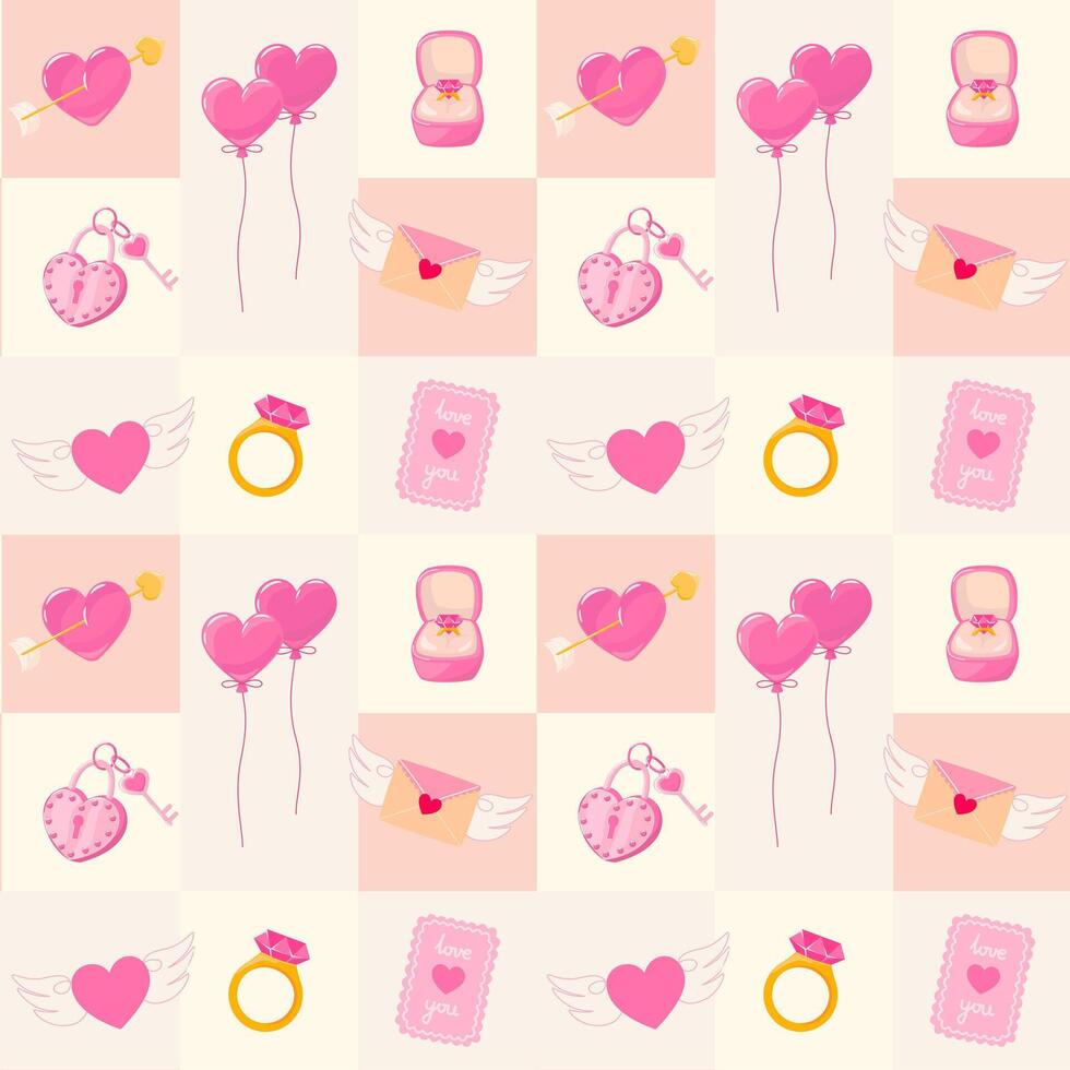 Geometric seamless pattern with heart, love letter, balloons, engagement ring, lock and key. Valentine's day vector illustration background. Detailed cartoon element for packaging, designs