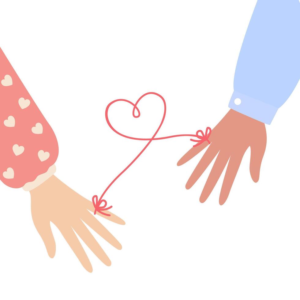 Couple holding hands with red thread of fate binding them as love concept. Valentine's day cartoon vector illustration isolated on white background. Detailed element for packaging, designs