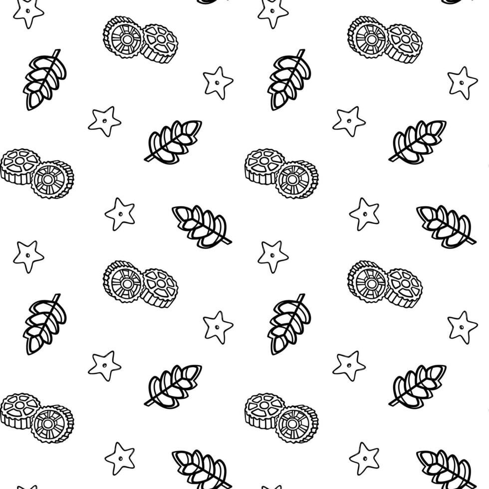 Doodle seamless pattern with stelle, ruote, farfalle pasta illustrations. Hand drawn food ingredients on line art vector background. Italian cuisine elements for wrapping, packaging, print