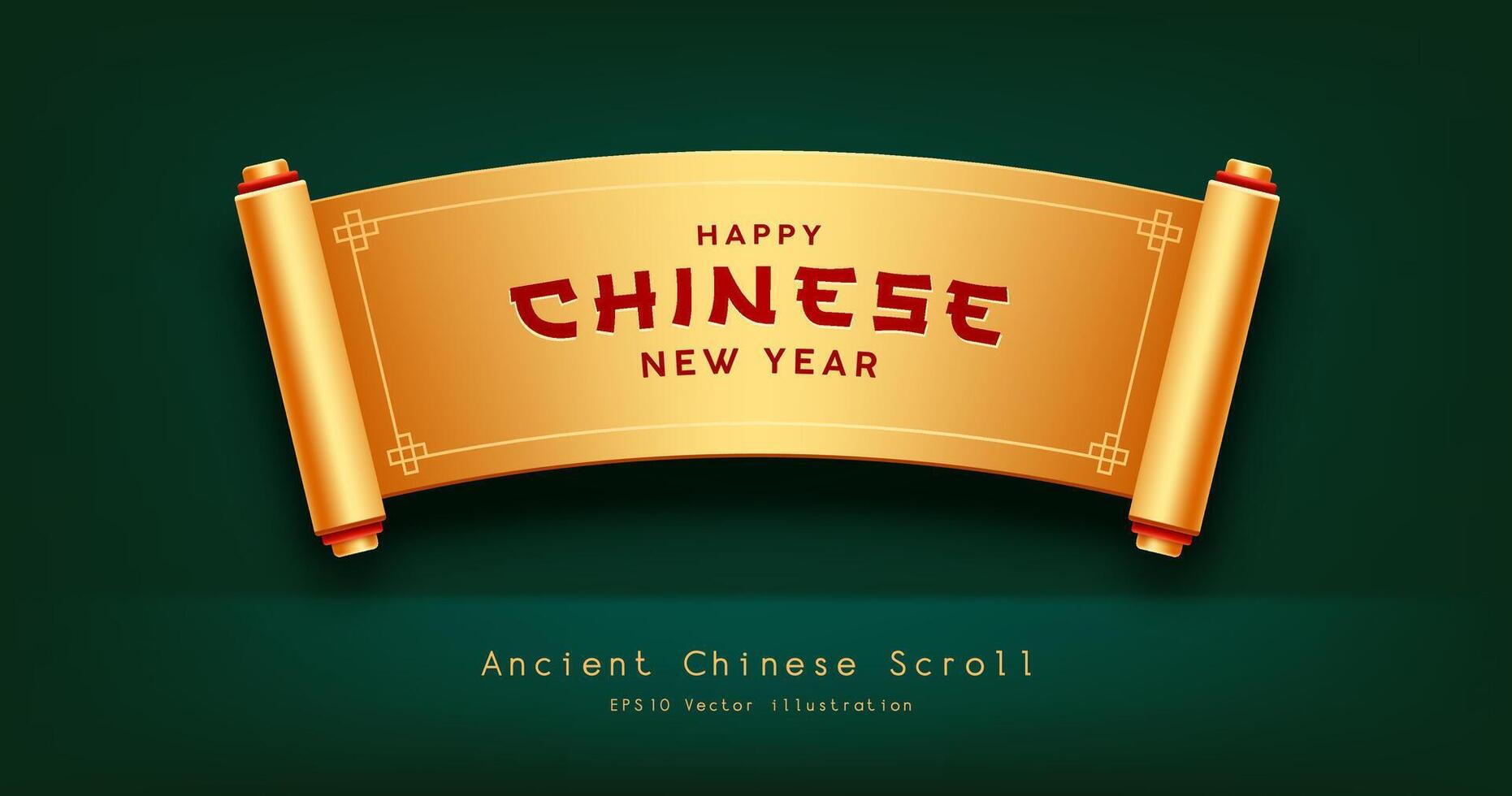 Ancient Scroll Chinese new year gold color, horizontal curve realistic banner design, on green background, Eps 10 vector illustration