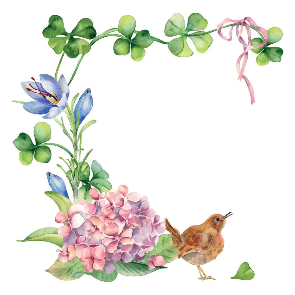 Frame with clover, flowers and bird watercolor illustration isolated on white. Painted shamrock and saffron. St Patrick day card hand drawn. Design element for Irish, Easter, springtime holidays. vector