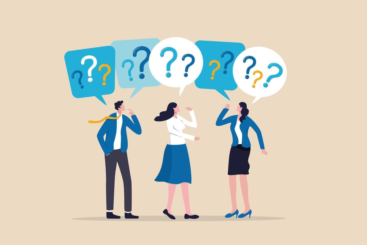 Ask questions for help or solution, confusion, doubt or query for answer and information, business discussion to solve problem concept, business people employee ask questions with question mark signs. vector